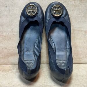 Tory Burch Caroline Navy Blue Leather Ballet Flats Gold Logo Medallion Size 6.5
